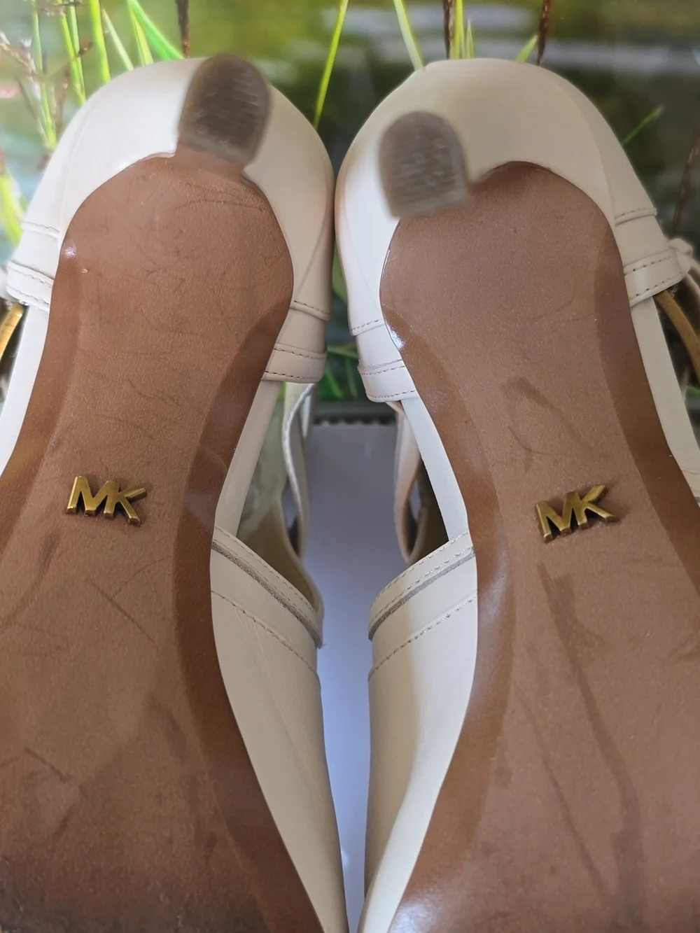 Michael Kors Beige Leather Peep Toe Bootie Heels Size 7 Strappy 4” Heel EUC - Picture 7 of 11